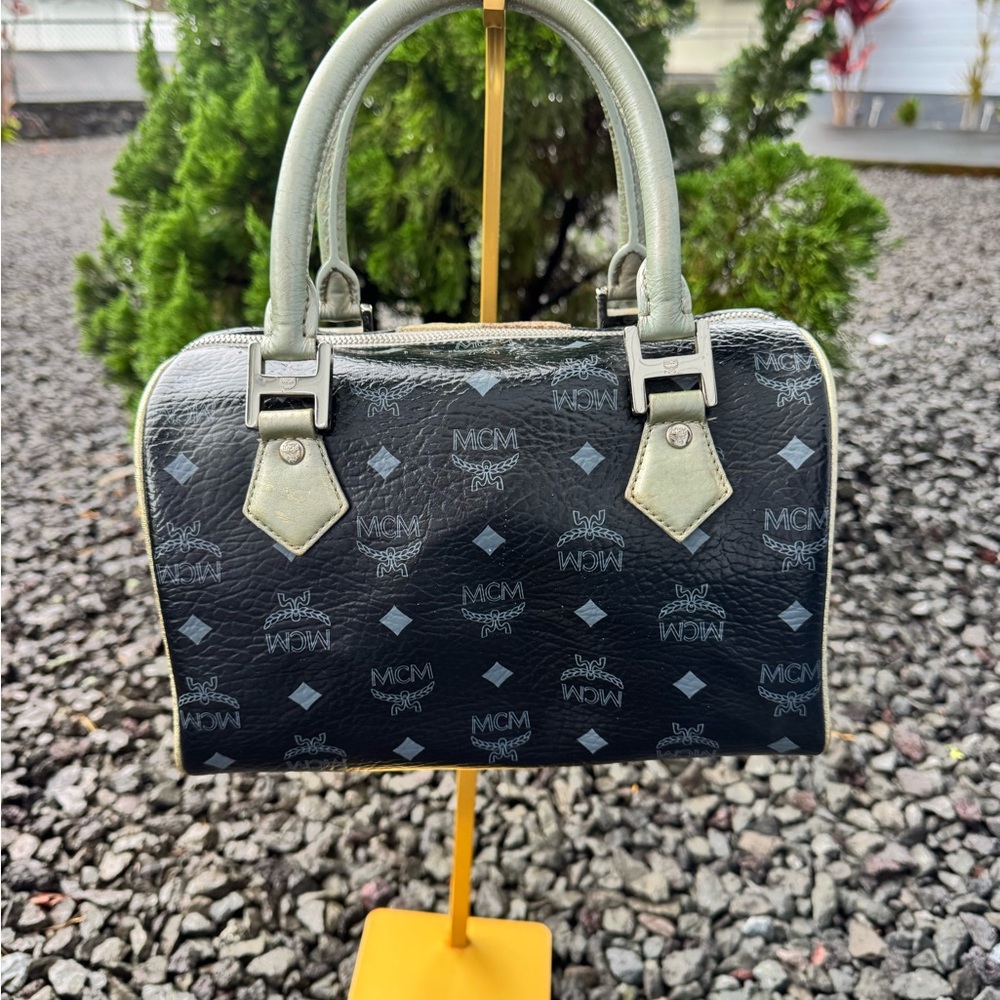 MCM SPECIAL EDITION Visetos Boston Satchel Black Logo Canvas Patchwork Leather - Picture 3 of 17